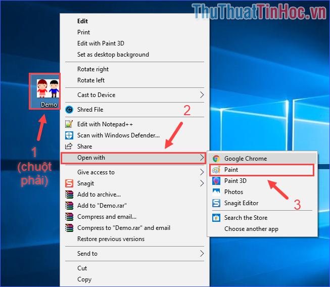 Click chuột phải vào file ảnh, chọn Open with → Paint
