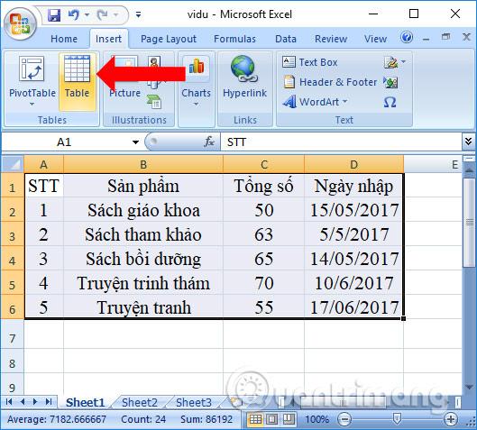 Cách tạo bảng Excel, chèn bảng trong Excel