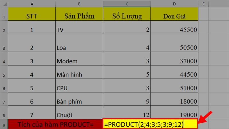 Dùng hàm PRODUCT tính tích cơ bản