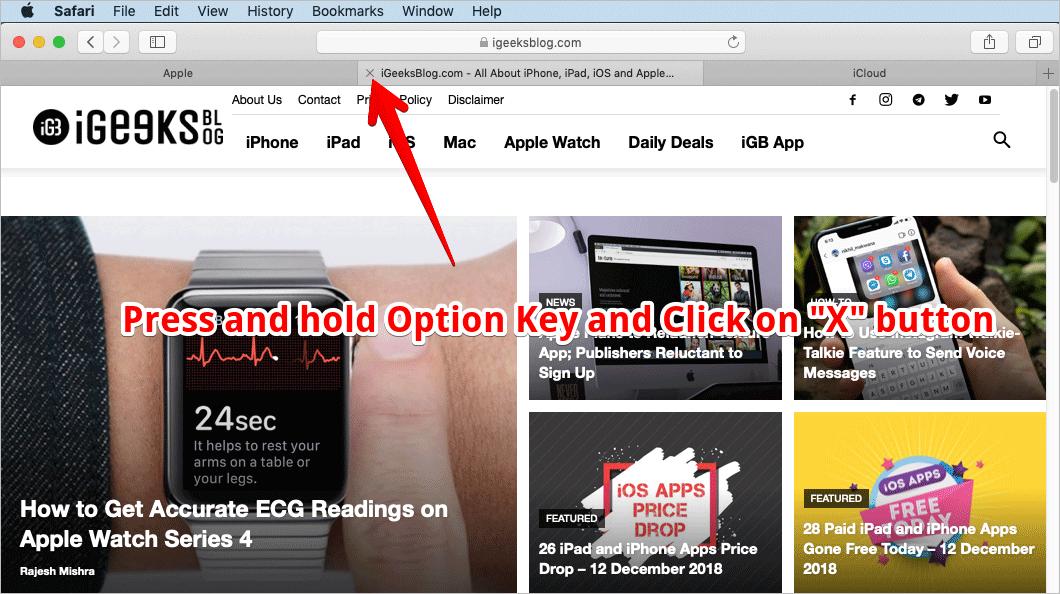 Nhấn vào dấu X để tắt tab trình duyệt Safari