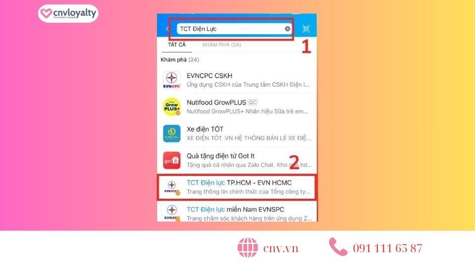 tìm kiếm tài khoản của cty điện lực trên Zalo