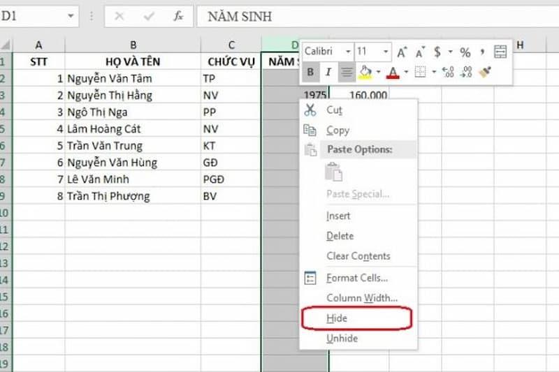 Cách ẩn cột, dòng, sheet, trong Excel nhanh chóng nhất