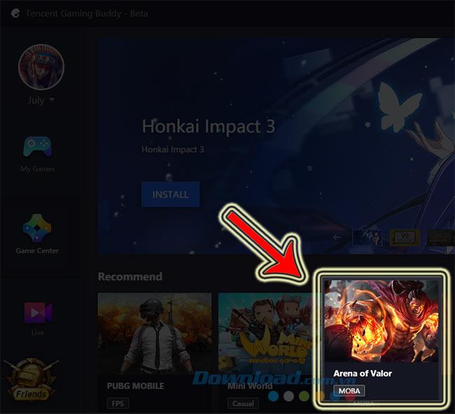 Nhấn vào Play để chơi Arena os Valor trên Tencent Gaming Buddy