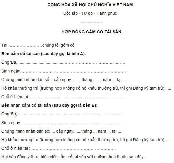 Mẫu giấy cầm đồ đang được phép sử dụng hiện nay