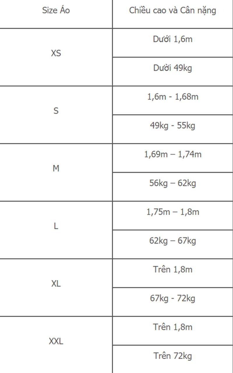 Ảnh Bảng Size Áo Theo Cân Nặng Và Chiều Cao