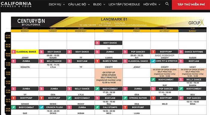 Lịch tập California fitness &amp; Yoga tại Hà Nội, Hcm và các Tỉnh Thành