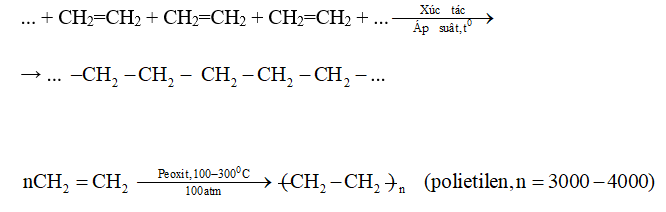 CH2=CH2 ra (-CH2-CH2 -)n | Trùng hợp etilen | Trùng hợp C2H4 | nCH2=CH2 → (-CH2-CH2 -)n