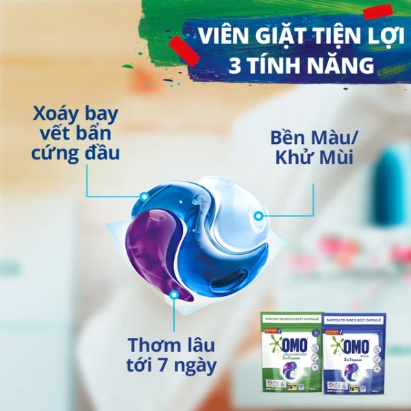 Hình ảnh quảng cáo viên giặt với 3 tính năng và sản phẩm đóng gói bên dưới.