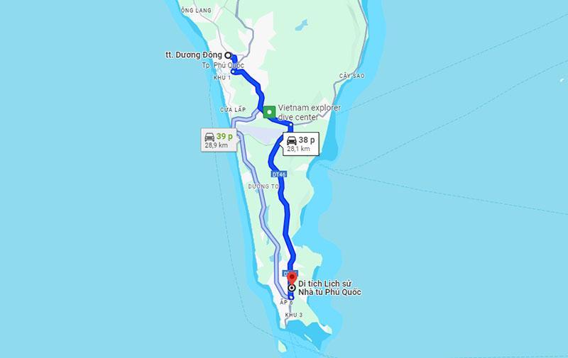 Khoảng cách giữa thị trấn Dương Đông và nhà tù Phú Quốc là khoảng 28km