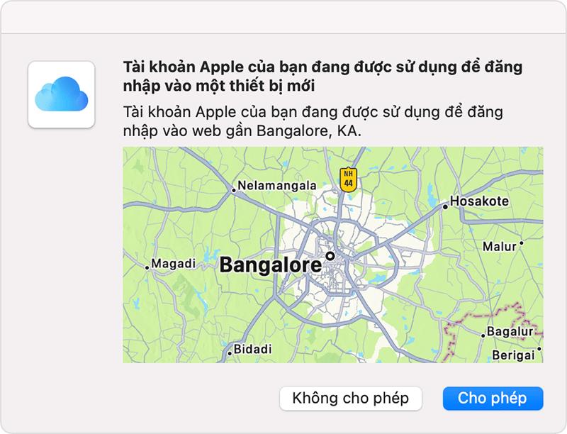 Bản đồ có ghi rõ Washington, DC trên đó. Chú thích cho biết Tài khoản Apple đang được sử dụng để đăng nhập vào trang web gần Ashburn, VA.