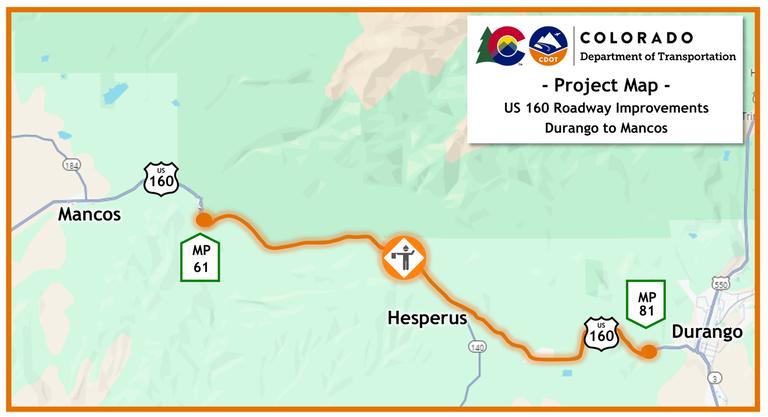 Map of chip seal work on US 160 between Mancos and Durango - Mile Point 61 to 81