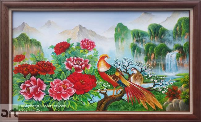 Tranh phong thuỷ hoa mẫu đơn 9 bông và đôi chim trĩ