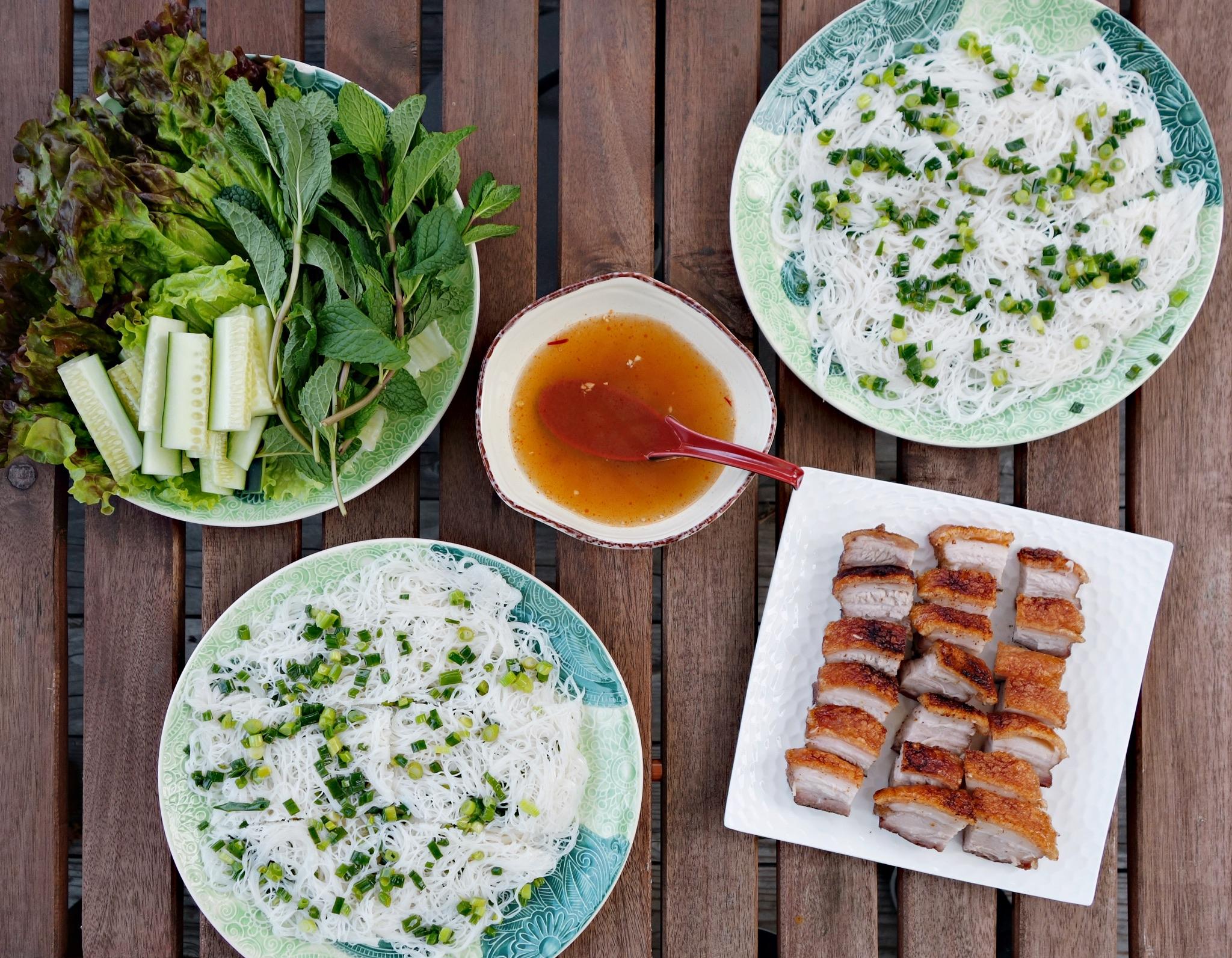 Recipe: Banh Hoi and Thit Heo Quay (Vietnamese Steamed Woven Rice Vermicelli and Crispy Roasted Pork Belly)
