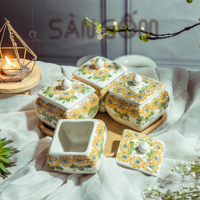 Bộ 4 hủ mứt hình vuông họa tiết hoa lá màu cam SG-KMT51