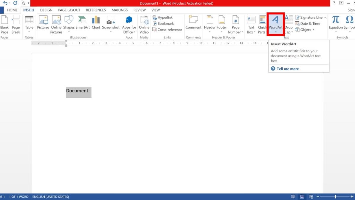 Chọn WordArt trên thanh công cụ Insert, cách làm chữ uốn lượn trong Word hình vòng tròn